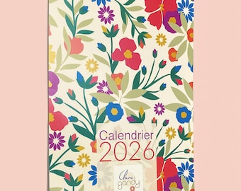 Geïllustreerde wandkalender 2026, vrolijke en kleurrijke bloemenkalender 2026, Franse kalender 2026, planner, decoratie