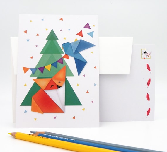 Festive Illustrated Postcard The Fox And Bird Origami Way The Tree And Multicolored Pennants