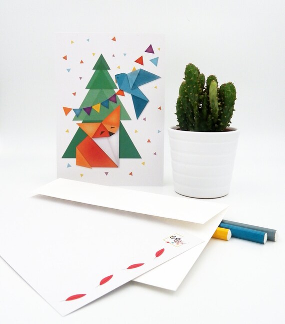 Festive Illustrated Postcard The Fox And Bird Origami Way The Tree And Multicolored Pennants