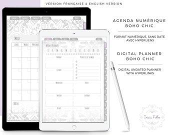 Digital agenda boho chic undated with hyperlink tabs for Goodnotes or digital bullet journal or school planner or pdf planner