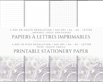 Pack of 4 sheets of digital writing papers boho chic style in PDF format for your scrapbooking papers, personal gifts, notebook or goodnotes