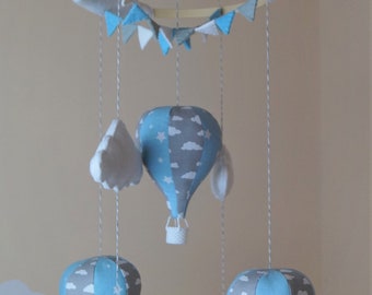 SALE ARTIKEL Heißluftballon Baby Mobile Wimpelkette blau grau Wolkenstern