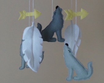 Wolf, arrow, feather, Moon unisex baby mobile grey Mint/Yellow/ Mustard / teal
