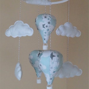 Unisex mint teal stars clouds hot air balloon nursery baby mobile