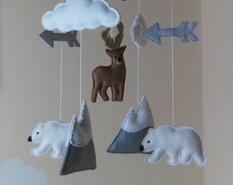 Baby mobile -stag , mountain, polar bear, arrow, star, clouds, adventure