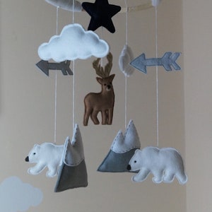 May include: A baby mobile featuring felt clouds, arrows, a black star, a deer, polar bears, and mountains. The mobile is suspended from a wooden ring. The text "Grey mountain" is in the upper left corner.