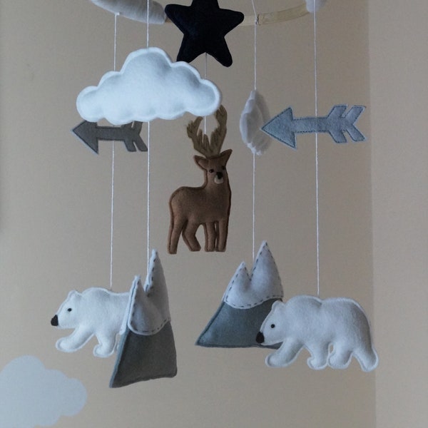 Baby mobile -stag , mountain, polar bear, arrow, star, clouds, adventure