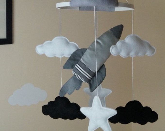 Rocket, space ship baby boy mobile with clouds, stars and the Moon Made to order