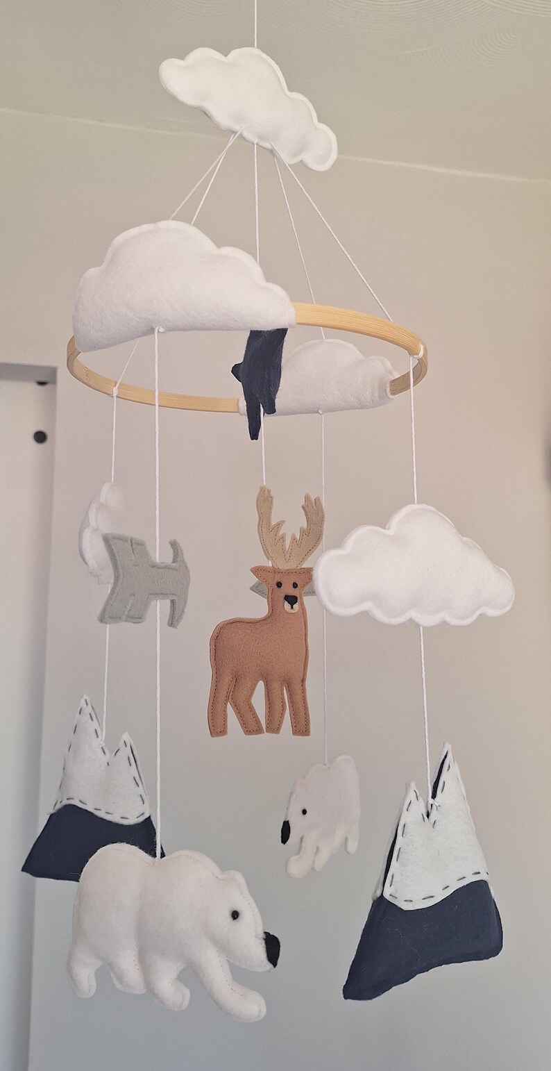 May include: A handmade baby mobile featuring felt cutouts of clouds, mountains, a deer, a polar bear, and other woodland creatures. The mobile is suspended from a wooden hoop with white string. The color palette includes white, brown, gray, and navy blue.