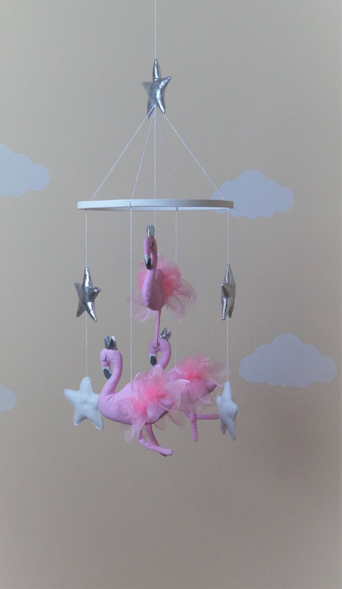 Flamingo Baby Girl Nursery Mobile Gold /silver White Pink Etsy