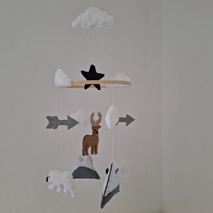 May include: A handmade baby mobile featuring felt cutouts of a deer, polar bear, mountains, clouds, and arrows. The mobile has a wooden ring and a black star. The color palette includes white, gray, brown, and black.