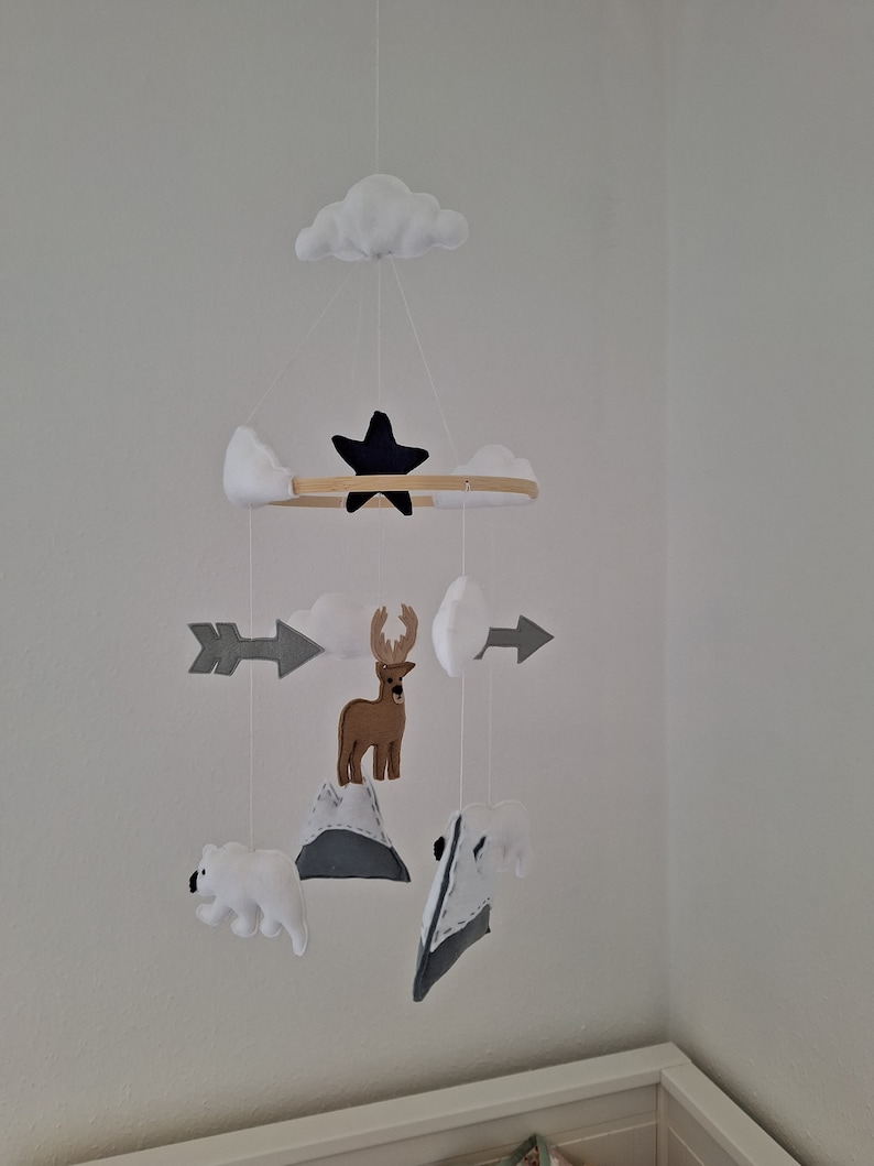May include: A handmade baby mobile featuring felt cutouts of a deer, polar bear, mountains, clouds, and arrows. The mobile has a wooden ring and a black star. The color palette includes white, gray, brown, and black.
