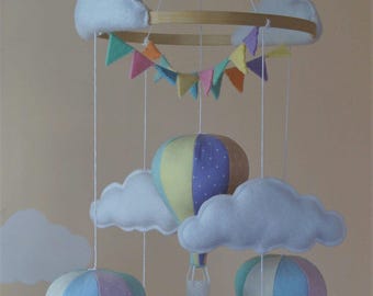 Unisex hot air balloon nursery baby mobile with bunting in pastel rainbow