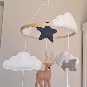 May include: A handmade baby mobile featuring a wooden hoop with felt clouds, a navy star, a brown deer, gray arrow, white polar bears, and navy and white mountains. The mobile is suspended by white strings.