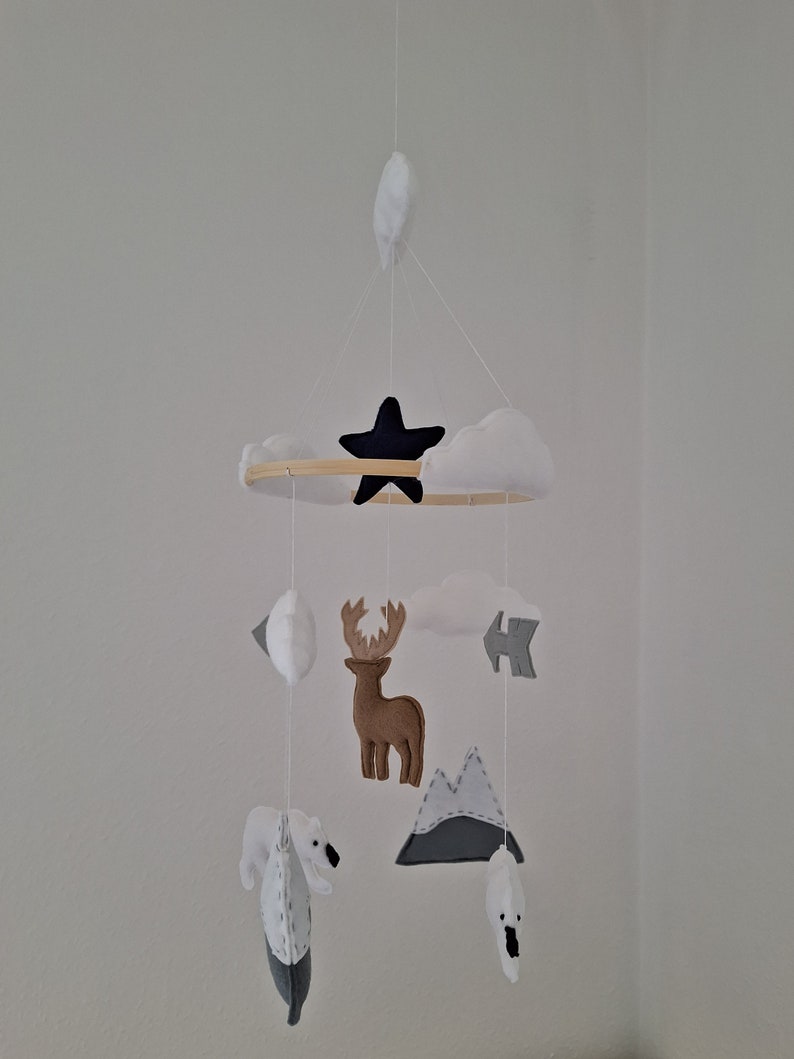 May include: A baby mobile featuring felt cutouts of a black star, white clouds, a brown moose, mountains, and polar bears. The mobile is suspended from a wooden hoop and white strings, creating a whimsical nursery decoration.