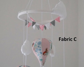 Hot air balloon nursery baby mobile with bunting Peter Rabbit pink design