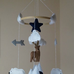 May include: A baby mobile featuring felt cutouts of a navy blue star, mountains, and arrow, white clouds and polar bears, and a brown deer. The mobile is suspended from a wooden ring with white string. The text "Navy mountain" is in the upper left corner.