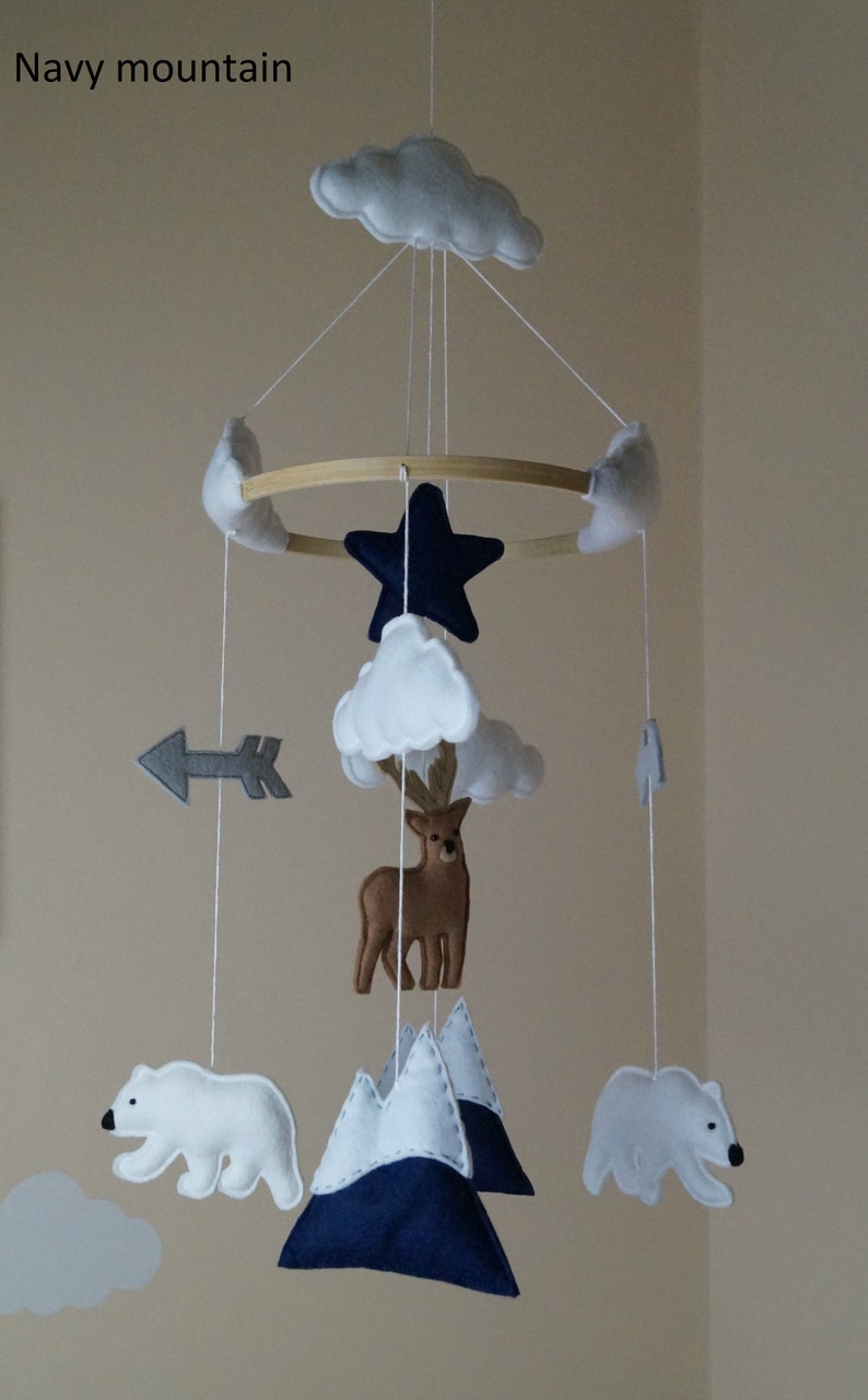May include: A baby mobile featuring felt cutouts of a navy blue star, mountains, and arrow, white clouds and polar bears, and a brown deer. The mobile is suspended from a wooden ring with white string. The text "Navy mountain" is in the upper left corner.