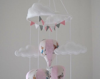 Hot air balloon nursery baby mobile with bunting Peter Rabbit pink design