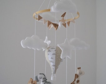 Safari Heißluftballon Baby-Mobile Beige, Creme Löwe Zebra Giraffe Elefant