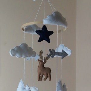 May include: A handmade baby mobile featuring felt clouds, a navy star, a brown deer, a gray arrow, mountains, and polar bears. The mobile is suspended from a wooden hoop with white strings, creating a whimsical nursery decoration.