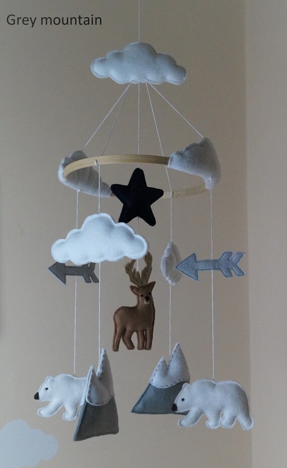 Baby mobile -stag , mountain, polar bear, arrow, star, clouds, adventure