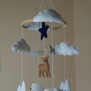 May include: A handmade baby mobile featuring felt clouds, a navy blue star, a brown deer, white polar bears, and navy blue and white mountains. The mobile is suspended from a wooden hoop with white string.