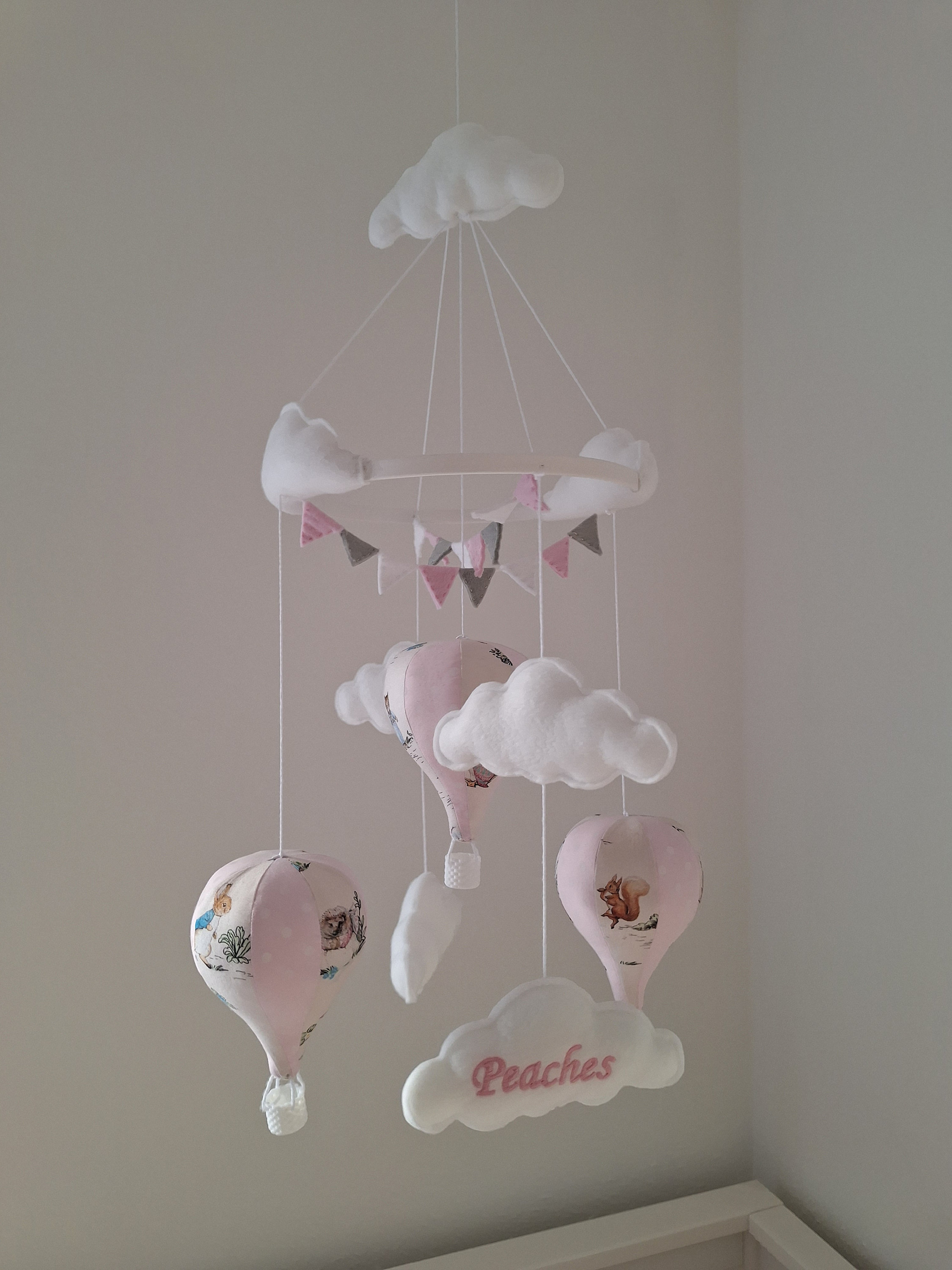 Hot Air Balloon Nursery Baby Mobile With Bunting Peter Rabbit Pink Design -  Etsy