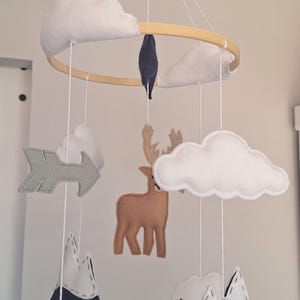 May include: A handmade baby mobile featuring felt clouds, a deer, an arrow, mountains, and polar bears. The mobile is suspended from a wooden hoop with white string. The color palette includes white, brown, gray, and navy blue.