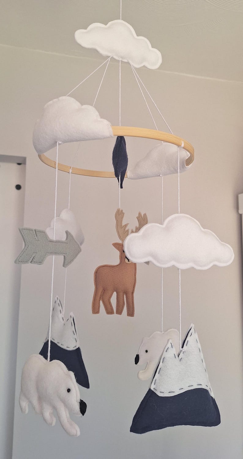 May include: A handmade baby mobile featuring felt clouds, a deer, an arrow, mountains, and polar bears. The mobile is suspended from a wooden hoop with white string. The color palette includes white, brown, gray, and navy blue.