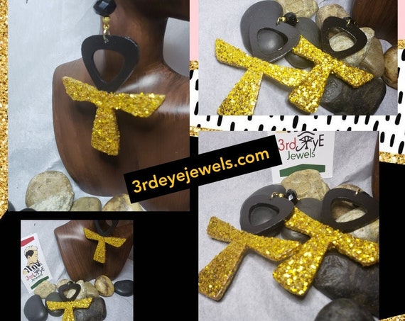 Hand Painted Blinged Out Gold Ankh Dangle Earrings