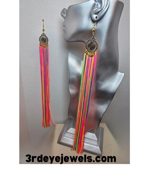 Neon Glow in The Dark  Rainbow Long Tassel Dangle Earrings