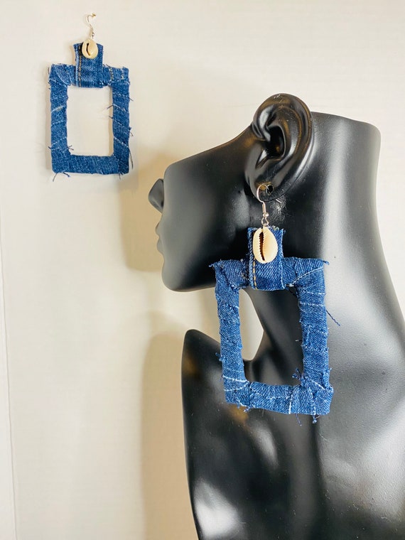 Denim Square Earrings with Accent Cowrie Shell