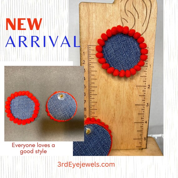 Denim & Pom Pom Post Back Earrings