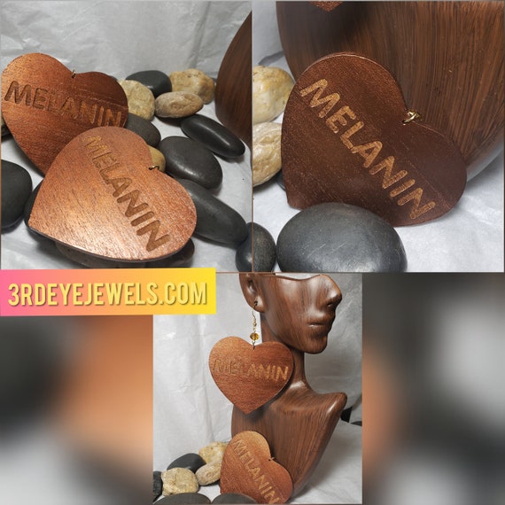 Hand Painted Heart Shaped Antique Copper Melanin Wood Earrings