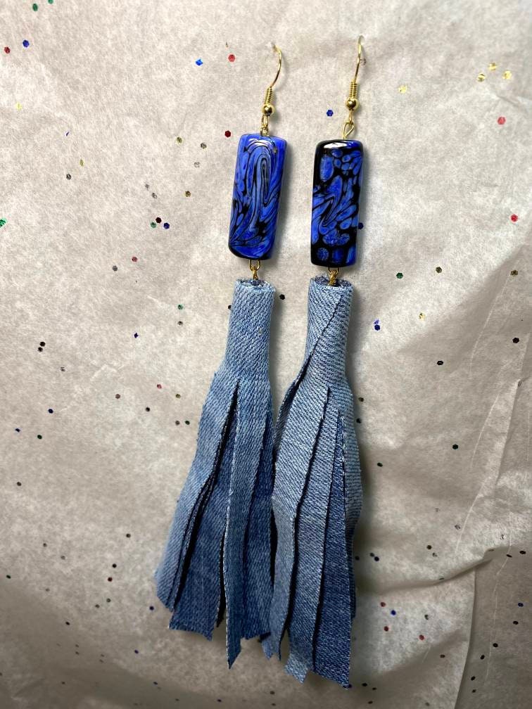 Handmade Blue Jean Denim Tassel Earrings