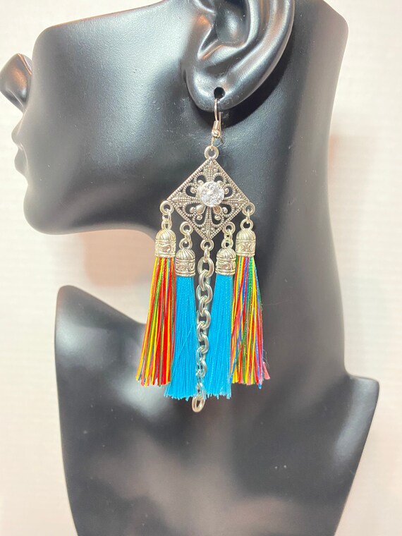 Exotic Multi-Colored Tassel and Chain Dangle Earrings