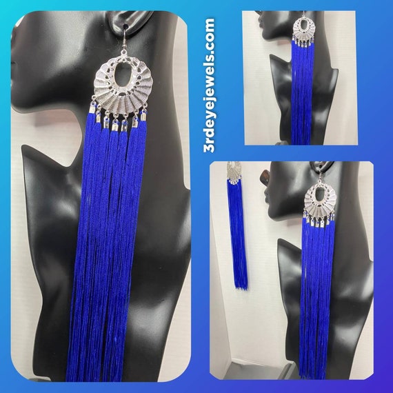 Handcrafted:  Long Blue Tassel Dangle Earrings