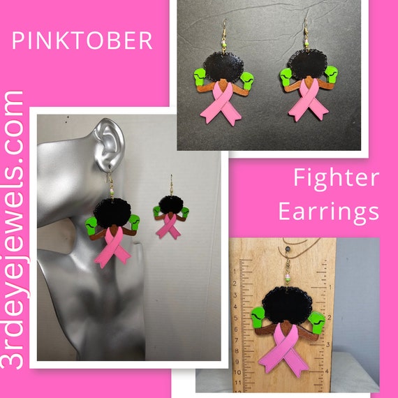 Large Afro Chic Fighter:  Breast Cancer Awareness Earrings - Pink and Green