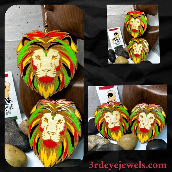 Hand Painted Rasta Lion Head Earrings