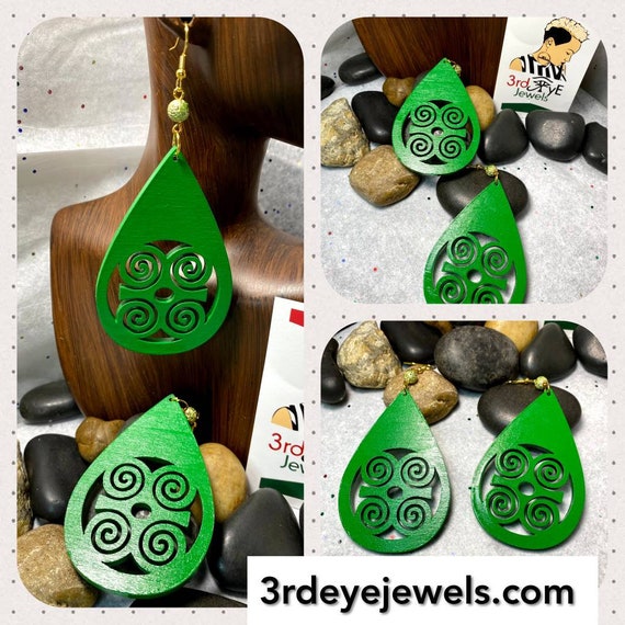 Hand painted Green African Adinkra Symbol Earrings