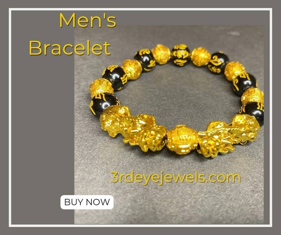 Men's Lucky Feng Shui Black and Gold Stretch Bracelet