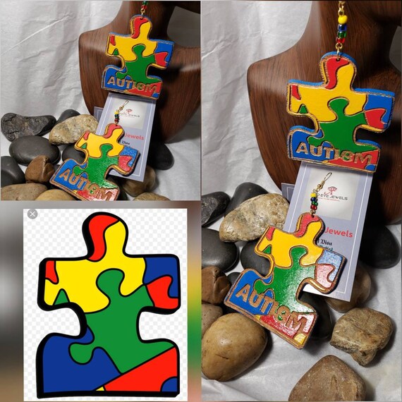 Wood Earrings:  Autism Puzzle Piece Hand Painted Earrings