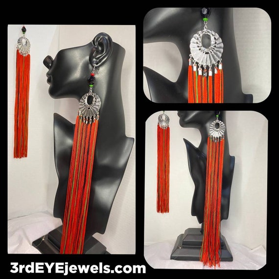 Handcrafted: Long  Red, Black and Green Tassel Dangle Earrings