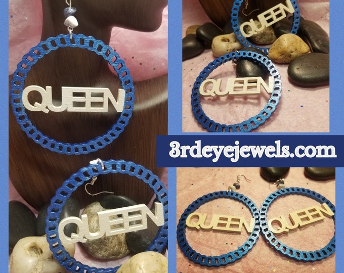 Queen Hoop Earrings:  Hand painted Blue and white