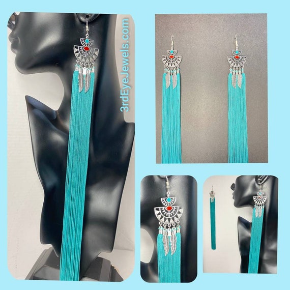 Turquoise Extra Long Tassel Dangle Earrings