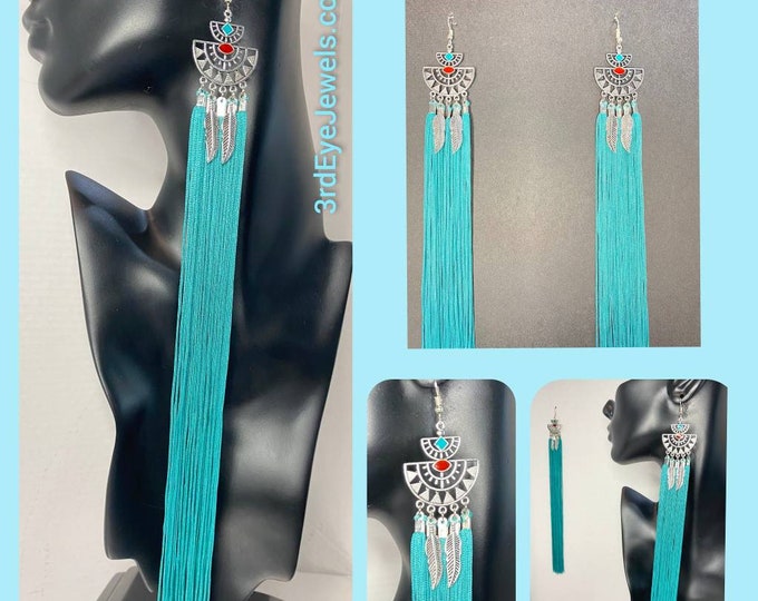 Turquoise Extra Long Tassel Dangle Earrings