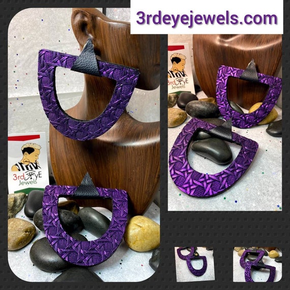 Handmade:  Purple and Black Vegan Leather, Exotic, Geometrical, Fly Fashion Earrings