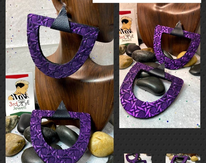 Handmade:  Purple and Black Vegan Leather, Exotic, Geometrical, Fly Fashion Earrings