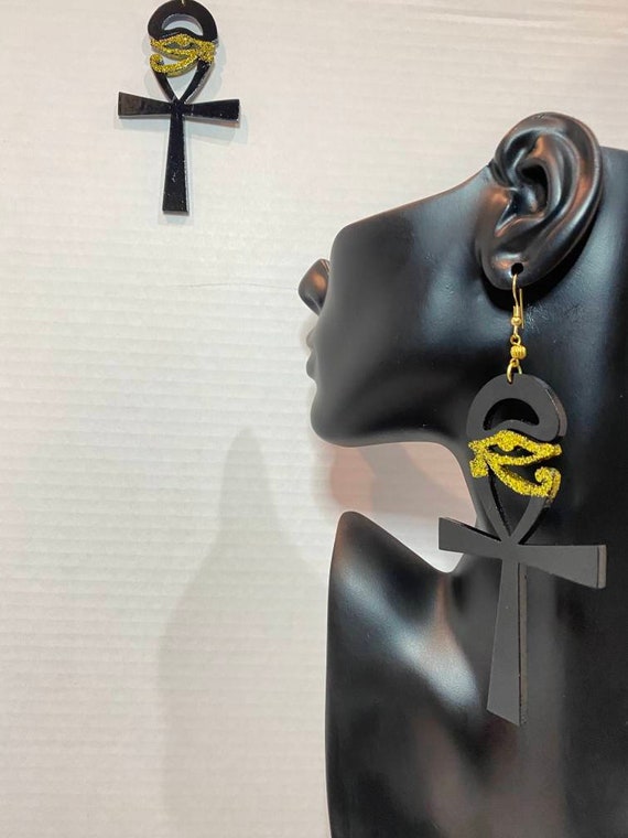 Hand painted: Black Ankh with Gold Eye of RA Dangle Earrings